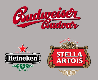 Logos van heineken, stella artois en budvar